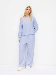 Cotton-blend Asymmetrical Neck Striped Oversized Top & Mid Rise Drawstring Trousers Loungewear Set