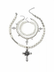 ENGRAVED CROSS & FAUX PEARL LAYERED NECKLACE