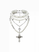 ENGRAVED CROSS & FAUX PEARL LAYERED NECKLACE