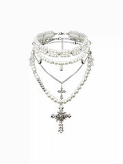 ENGRAVED CROSS & FAUX PEARL LAYERED NECKLACE