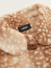 Deer Print Faux Fur Collar Toggle Button Crop Jacket