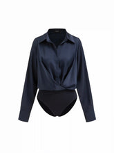 Satin Collar Long Sleeve Wrap Shirt Bodysuit
