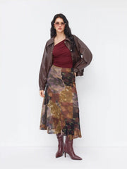 Mesh Mid Rise Abstract Graphic Floral Asymmetrical Hem Maxi Skirt