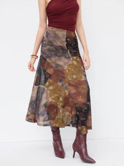 Mesh Mid Rise Abstract Graphic Floral Asymmetrical Hem Maxi Skirt