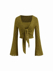 Knit V-neck Bell Sleeve Tie Front Hollow Out Cardigan With Cami Top