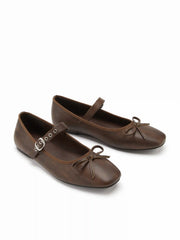 SQUARE TOE BOWKNOT DECOR BUCKLE MARY JANE FLATS