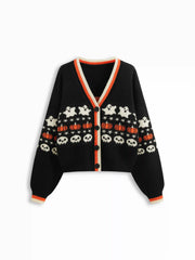 Knit V-neck Star Pumpkin Ghost Contrasting Binding Oversized Cardigan