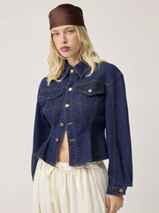 Denim Collar Button Cinched Waist Jacket