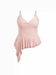 Lace Halter Neckline Asymmetrical Layered Ruffle Hem Cami Top Curve & Plus