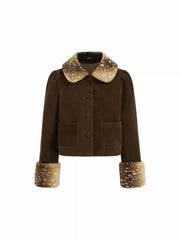 Suede Peter Pan Collar Jacket With Detachable Deer Faux Fur Collar And Cuffs