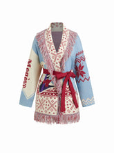Knit Collar Pattern Colorblock Tassel Oversized Cardigan With Belt