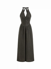 Cotton Halter Neckline Plaid Lettuce Trim Shirred Wide Leg Jumpsuit
