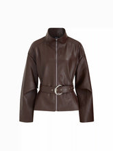 Faux Leather Stand Collar Zip Through Jacket With Belt