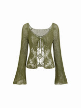 Knit V-neck Bell Sleeve Hollow Out Knotted See-through Cardigan