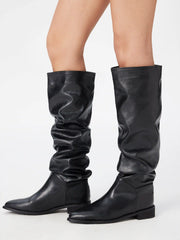 POINTED TOE PLEATED CHUNKY HEELED KNEE HIGH BOOTS