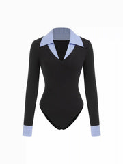 Cotton Collar V-neck Two Tone Striped Bodysuit