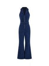 Corduroy Collar V-neck Zip Through Flared Jumpsuit With Belt