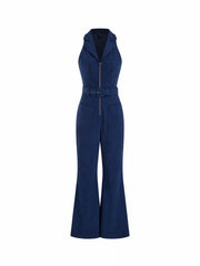 Corduroy Collar V-neck Zip Through Flared Jumpsuit With Belt
