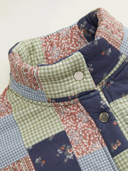 Fleece Floral Patchy Stand Collar Drawstring Oversized Jacket