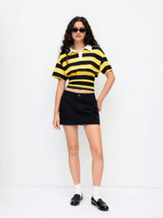 Cotton-blend Stripe Collar Short Sleeve Cinched Waist Tee