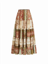 Mid Rise Aztec Two Tone Tiered Ruffle Maxi Skirt