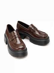 ROUND TOE CHUNKY HEEL FAUX LEATHER LOAFERS