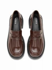ROUND TOE CHUNKY HEEL FAUX LEATHER LOAFERS