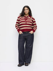 Knit Collar Striped Knotted Oversized Sweater Curve & Plus