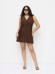 Suede V-neck Button Knotted Mini Dress Curve & Plus