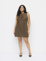 Boat Neck Houndstooth Floral Applique Mini Dress Curve & Plus