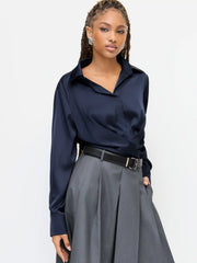 Satin Collar Long Sleeve Wrap Shirt Bodysuit
