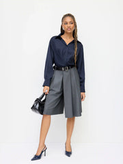 Satin Collar Long Sleeve Wrap Shirt Bodysuit