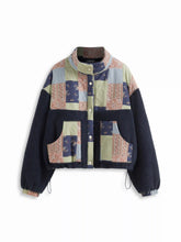 Fleece Floral Patchy Stand Collar Drawstring Oversized Jacket