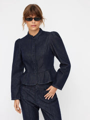 Denim Stand Collar Puff Long Sleeve Cinched Waist Button Jacket