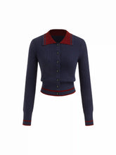 Cable Knit Wool-blend Striped Collar Long Sleeve Button Top