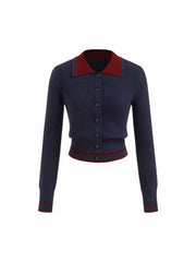 Cable Knit Wool-blend Striped Collar Long Sleeve Button Top