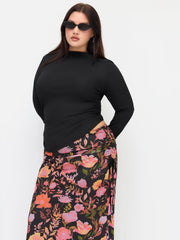 Round Neckline Ruched Long Sleeve Top & Mid Rise Floral Knotted Maxi Skirt Set Curve & Plus