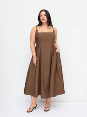 Cotton-blend U-neckline Ruched Ruffle Hem Maxi Cami Dress Curve & Plus