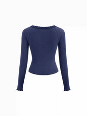 Thermal Cotton-blend V-neck Long Sleeve Lace Trim Ruched Tee