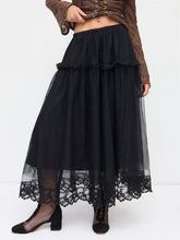 Mesh Mid Rise Lace Trim Ruched Tulle Midi Skirt