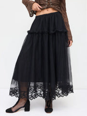 Mesh Mid Rise Lace Trim Ruched Tulle Midi Skirt