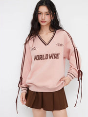 Cotton-blend V-neck World Wide Graphic Side Striped Bowknot Oversized Sweatshirt