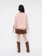 Cotton-blend V-neck World Wide Graphic Side Striped Bowknot Oversized Sweatshirt