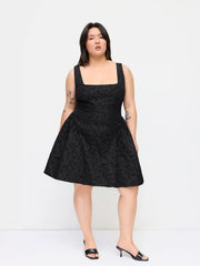 Square Neck Floral Jacquard Backless Bowknot Mini Dress Curve & Plus