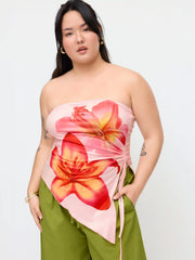 Floral Graphic Drawstring Asymmetrical Hem Bandeau Top Curve & Plus