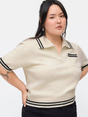 Knit Collar Stripe Short Sleeve Top Curve & Plus