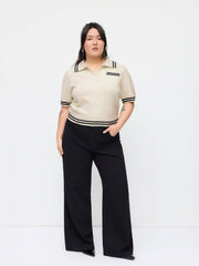 Knit Collar Stripe Short Sleeve Top Curve & Plus