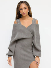 Knit Off-Shoulder Wrap Lace Split Midi Dress