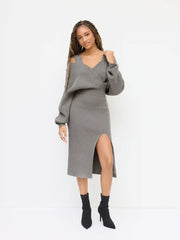 Knit Off-Shoulder Wrap Lace Split Midi Dress