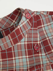 Plaid Stand Collar Puff Sleeve Tie Back Button Mini Dress